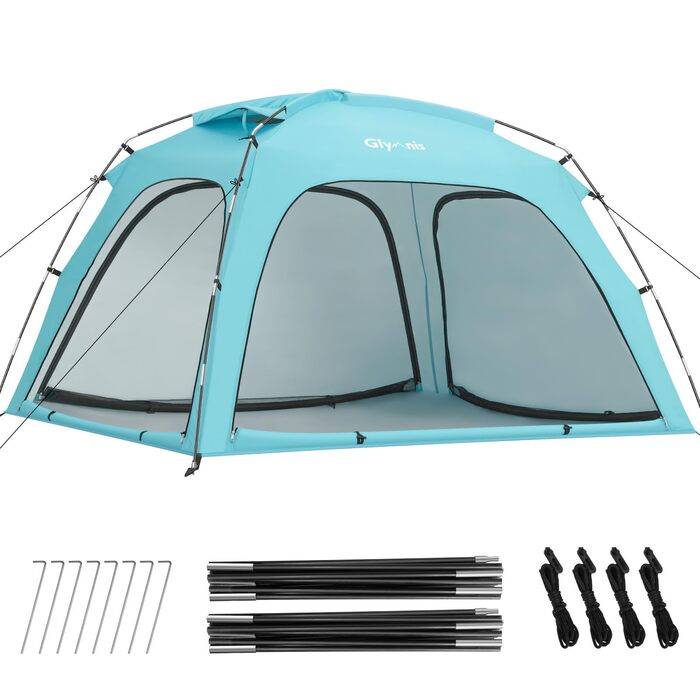 Пляжний намет Glymnis Beach Shelter з 4 дверима на блискавці та сітчастими дверима, захист від ультрафіолету UPF50, вітронепроникний, невеликий розмір у упаковці, пляжний намет для 3-4 осіб, синій