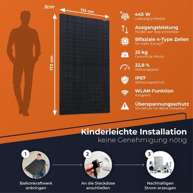 Балконна електростанція Solarway 890 Вт, комплектна розетка 800 Вт - Найновіший інвертор 800 Вт - Повний комплект сонячної системи - Двосторонні сонячні панелі 445 Вт, Envertech та аксесуари без монтажного кронштейна, 0 кВтгод, без накопичувача