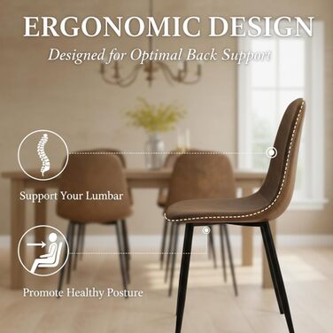 Комплект обідніх стільців Homy Casa з 4 предметів, скандинавський вінтажний стиль, сидіння зі штучної замші зі сталевими ніжками чорного та коричневого кольорів.