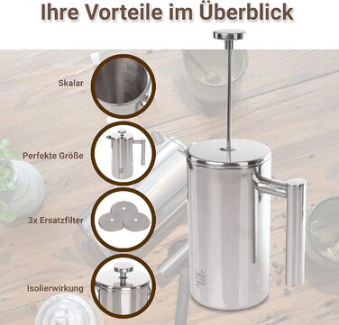 Френч-прес з нержавіючої сталі NOUTEN преміум-класу 0,6 л - Ізоляційний ефект завдяки конструкції з подвійними стінками - Накип для ідеального приготування - Змінний фільтр в комплекті - 2 роки Повернення грошей 600 мл