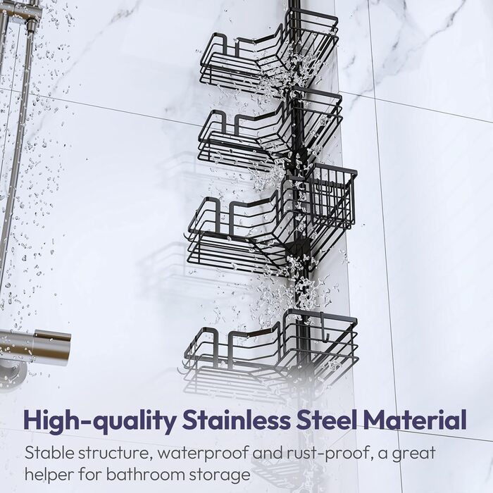 Кутова полиця для душу телескопічна SWTYMIKI - 4-ярусна, з мильницею, тримачем для зубних щіток та 4 гачками, регульована, з нержавіючої сталі, монтаж без свердління, 70-275 см, чорна
