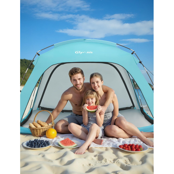 Пляжний намет Glymnis Beach Shelter з 4 дверима на блискавці та сітчастими дверима, захист від ультрафіолету UPF50, вітронепроникний, невеликий розмір у упаковці, пляжний намет для 3-4 осіб, синій