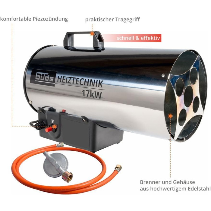 Газовий вентилятор-обігрівач Gde 85006 GGH 17 INOX (17 кВт, пальник з нержавіючої сталі, корпус з нержавіючої сталі, шланг 1,5 м, редуктор тиску)