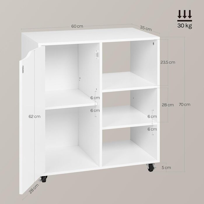 Шафа для документів WOLTU з колесами, стіл для принтера з 3 відкритими відділеннями, 1 дверцята, регульовані полиці, для дому та офісу, 60x70x35 см, білий