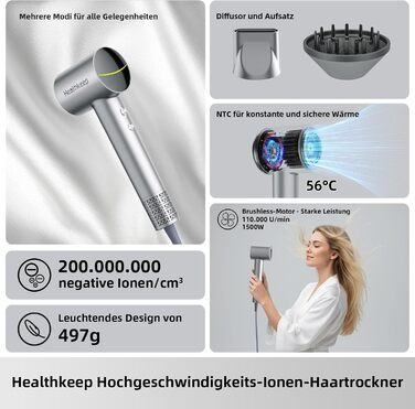 Фен для волосся Healthkeep з негативними іонами та 2 дифузорами, 1600 Вт, високошвидкісний мотор 10 000 об/хв, низький рівень шуму (78 дБ), швидке сушіння, металевий корпус