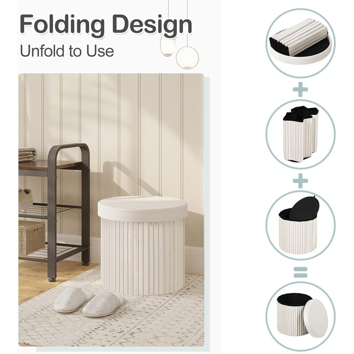 Круглий стілець WOLTU, пуф для зберігання з кришкою, м&39яка скриня для зберігання, складаний, м&39яка скриня для зберігання, виготовлена з оксамитового МДФ, 38xВ36 см, кремовий 38Г x 38Ш x 36В см