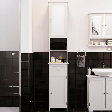 Висока шафа для ванної кімнати Vida Priano з дзеркалом, шафа для зберігання речей, висока підлогова шафа, білий колір Milano, висока біла