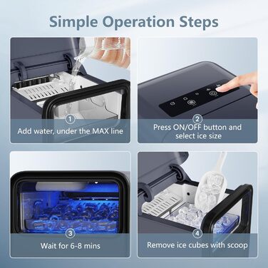 Машина для кубиків льоду OMISOON, машина для кубиків льоду маленька 12 кг/24 години, 9 кубиків за 6 хвилин, самоочисний льодогенератор із совком для льоду та кошиком, 2 розміри кубиків льоду, чорний