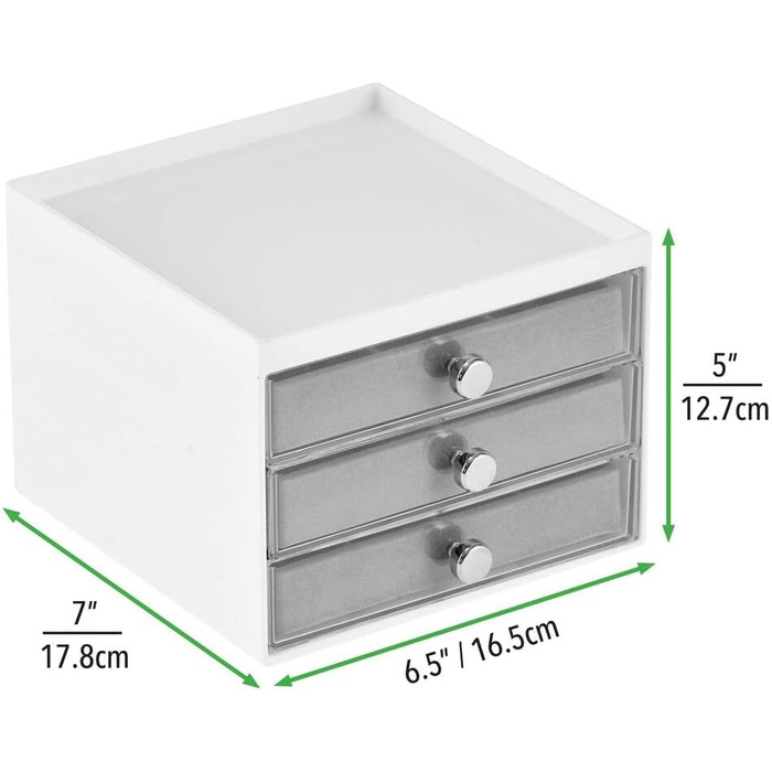 Органайзер для ювелірних виробів mDesign Зберігання ювелірних виробів з 3 шухлядами для сережок, намиста, кілець та браслетів Маленька пластикова скринька для ювелірних виробів Білий/Сірий
