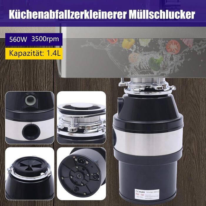 Подрібнювач кухонних відходів HINOPY, подрібнювач кухонних відходів потужністю 370 Вт 1/2 к.с. Подрібнювач відходів з жолобом для сміття 3500 об/хв для посудомийної машини, кухня