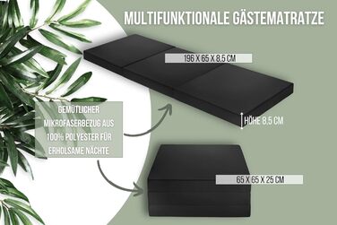 Складаний гостьовий матрац Badenia Trendline з міцним чохлом з мікрофібри, сертифікований Oeko-Tex, спальна поверхня 196 x 65 x 8,5 см, чорний, виготовлено за німецькими стандартами якості, чорний, висота 8,5 см