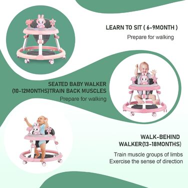Дитячі ходунки 3 в 1 з килимком на підлозі, шасі з 6 коліс та захистом від перекидання, регульована висота, ходунки з музичним підносом та іграшками, складаються для зручного зберігання, ідеально підходять для хлопчиків, рожеві