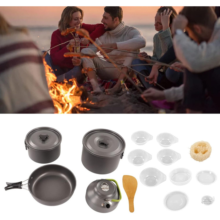 Набір посуду для кемпінгу, портативний, практичний, висока твердість, каструля із захистом від опіків, чайник для пікніків на свіжому повітрі