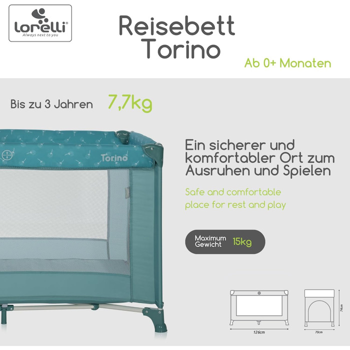 Дитяче ліжечко Lorelli Baby Travel Cot, дитяче ліжечко та манеж 2 в 1 Torino з боковим входом, ліжечко від народження до 15 кг, складне, включаючи сумку для перенесення, зелене
