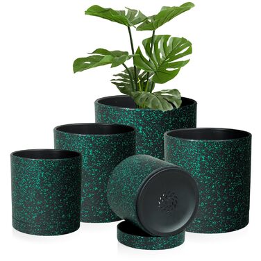 Набір з 5 квіткових горщиків з блюдцями, 17,8 см/15,2 см/14 см/12,7 см/10,2 см, пластикові кашпо, набір квіткових горщиків, ідеально підходить для кімнатних та балконних садів, чорний із зеленими цятками 765,554 дюймів (5 шт.) чорний із зеленими цятками