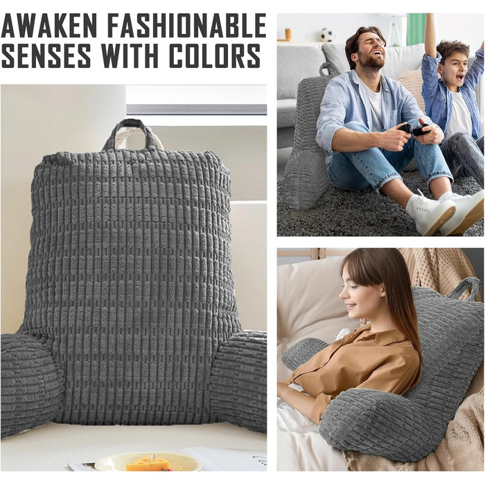 Подушка для читання для ліжка та дивана, диван для дорослих з подушкою для спинки, подушка сидіння з підлокітником, спинка підходить для перегляду телевізора, читання, гри в ігри на мобільному телефоні та гри в ліжку (сіра)