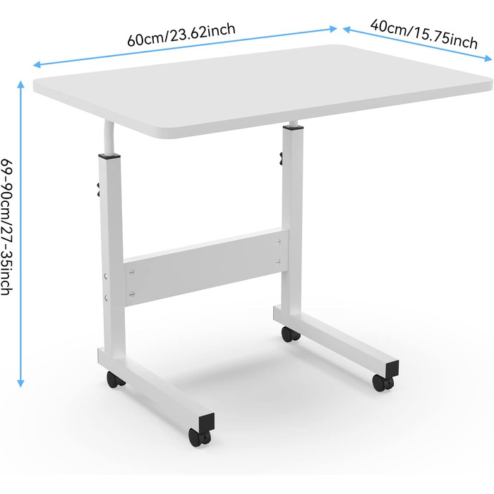 Стіл для ноутбука 60x40 см з колесами, регульована висота 69-90 см, письмовий стіл, комп&39ютерний стіл, мобільний стоячий стіл, столик над ліжком, поворотна стільниця на 360, бічний столик для дивана, білий 60x40 см C-white