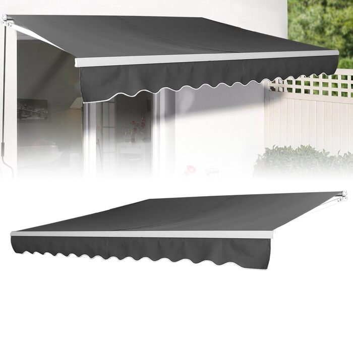 Тент на балкон з кріпленням на скобах, сонцезахисний козирок, складний тент з ручним приводом, сонцезахист, водонепроникний, пилонепроникний, регульована висота (темно-сірий, 3 * 2,5 м) 3 * 2,5 м темно-сірий