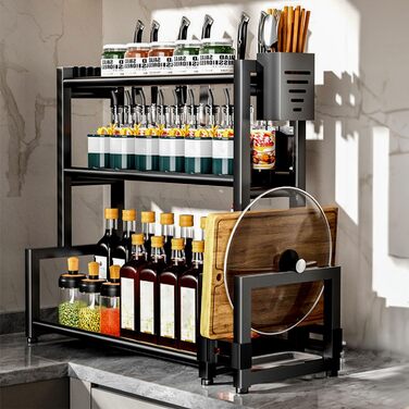 Стелаж для спецій Devesanter, 3 яруси, кухонна стійка для банок для спецій великої місткості, металевий органайзер для стільниці з тримачем для посуду, тримач для обробної дошки, з 6 гачками, чорний