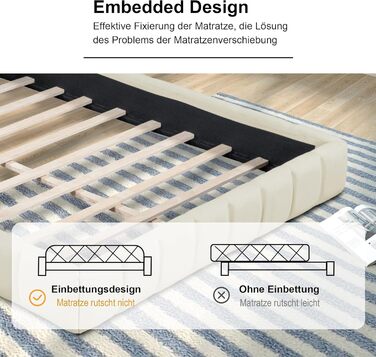 Ліжко DULLLLY Bubble 140x200, Ліжко 140x200 з рейковою основою, Дитяче ліжко з м&39яким узголів&39ям, М&39який каркас ліжка для спальні та гостьової кімнати, без матраца, Льняна тканина (бежевий) 140x200 білий