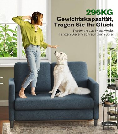 Невеликий 2-місний диван, міні-диван 130 см, затишний маленький диван для кімнати підлітка, складання міні-диванів без інструментів, 2-місні дивани та кушетки з масиву дерева, маленькі дивани для вітальні, синій/сірий, 130 см