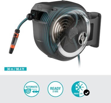 Настінна коробка для шланга Gardena RollUp L (біла) 30 м гнучке зрошення для великих садів, поворотний механізм, включаючи якісний шланг Gardena 30 м, допоміжний інструмент для монтажу та розпилювач (18627-20)