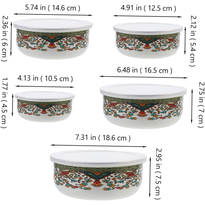 Набір емальованих мисок Amosfun з 5 предметів, багатоцільові миски з кришками для локшини швидкого приготування, салату, супу, мисок для змішування, мисок для зберігання продуктів з гладкою поверхнею для домашнього використання, 18,60 x 18,60 x 7,50 см