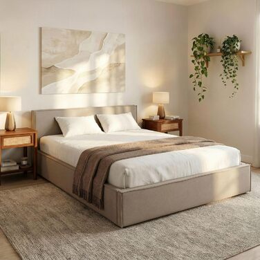 Ліжко IDIMEX Pesaro з м&39якою оббивкою 140x200 см, сірий колір каркас ліжка з рейковою основою, міцний чохол з тканини під лляну тканину, сучасне двоспальне ліжко з узголів&39ям для спальні