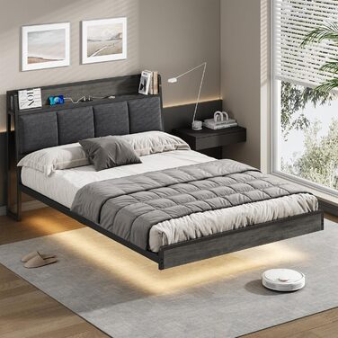 Ліжко 140 x 200, ліжко зі світлодіодним підсвічуванням, м&39яке ліжко 140 x 200, візуальний ефект плаваючого дизайну, зарядна станція, каркас ліжка з рейковою основою, для спальні, гостьової кімнати, лляна тканина сірого кольору 140 x 200 см сірого кольор