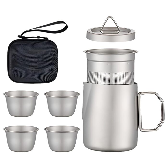 Компактний чайний набір Чайний Мандрівник 4 чашки, ситечко для чаю в комплекті, об'єм 50 мл, міцний термостійкий матеріал, преміум аксесуари для чаювання вдома та на природі