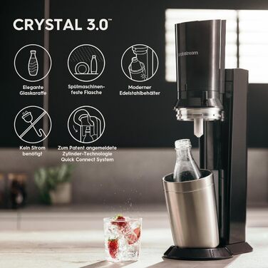 Виробник газованої води SodaStream Crystal 3.0 Quick-Connect CO2 балон і скляний графин, срібло, чорний/титан, 45 см з 1 пляшкою та балоном CO2