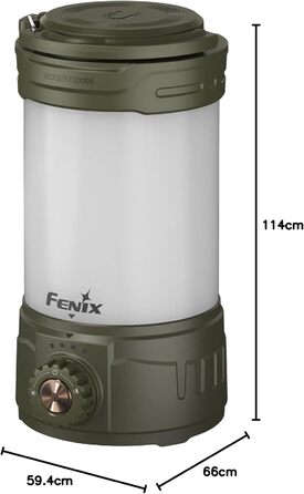 Ліхтар для кемпінгу Fenix CL26R Pro LED зовнішній акумулятор, макс. 650 люмен, біле та червоне світло, акумулятор 5000 мАг, заряджання через USB-C, оливково-зелений корпус.