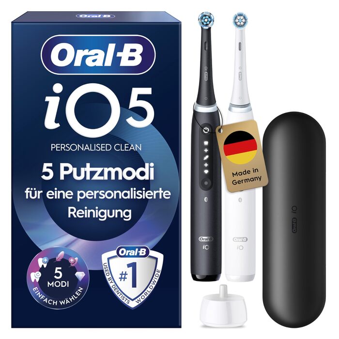 Зубна щітка Oral-B iO Series 5 подвійний набір. Електрична зубна щітка з 2 насадками та дорожнім футляром. 5 режимів чищення для догляду за зубами. Розроблено Braun, колір чорний матовий/білий спокійний. Новий комплект 2 щітки 2 головки.