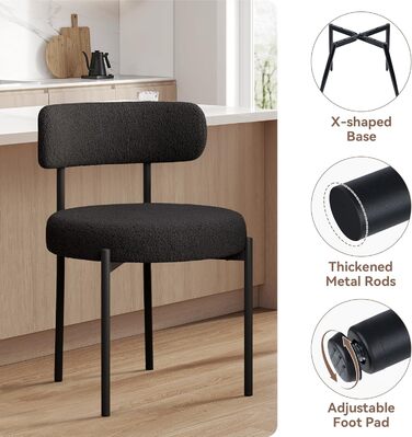 Обідні стільці, комплект з 4 шт. Круглі стільці з букле з тканини Teddy Кухонні стільці з м&39якою оббивкою в стилі середини століття Обідні стільці з металевими ніжками Чорний FU01031BL-4 Комплект з 4 чорних