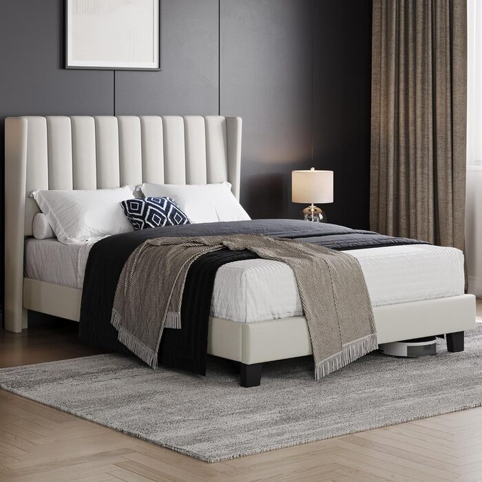 Ліжко Yaheetech з м&39яким каркасом 140 x 200 см, міцне двоспальне ліжко, сімейне ліжко, м&39який каркас ліжка, ліжко з місцем для зберігання, для спальні, гостьова кімната, бежевий колір, бежевий 140 x 200 см