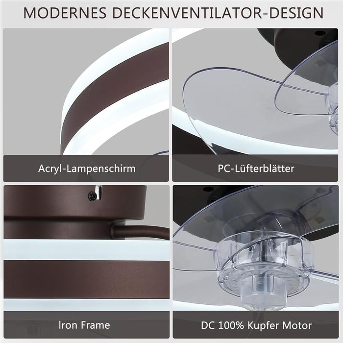 Дюймові акрилові низькопрофільні стельові вентилятори з підсвічуванням і дистанційним керуванням, сучасна світлодіодна люстра з можливістю затемнення та підсвічуванням із функцією памяті та синхронізації для спальні та вітальні (коричнева), 16-