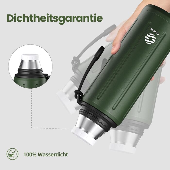 Термос з чашкою, 1 літр (зберігає холод 72 години та гарячий 24 години) Термопляшка для кави та чаю, зі знімним дном та фільтром, підходить для подорожей, офісу та школи (зелена)