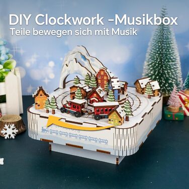 Музична скринька Tonecheer Дерев'яний 3D-пазл, набір моделей для сім'ї котів своїми руками для дорослих, обертова музична шкатулка, дерев'яна головоломка Подарунки для прикраси будинку Подарунок на день народження Різдвяні підлітки (Сніговий поїзд)