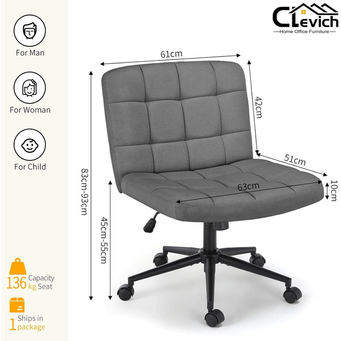 Офісне крісло Clevich без підлокітників, широке крісло з перехресним розташуванням сидіння, ергономічне крісло з регульованою висотою для домашнього офісу, кабінету, макіяжу, спальні (сіре)