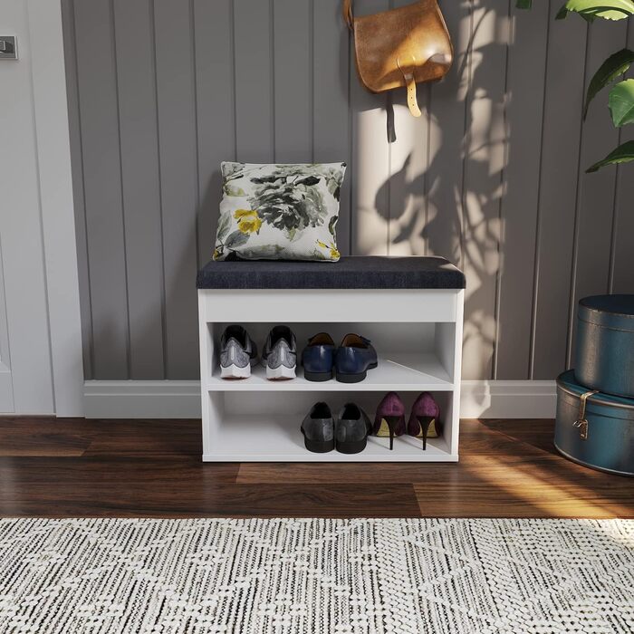 Лавка для взуття KOMTO з сидінням - Стелаж для взуття, лавка з місцем для зберігання, біла 60 x 48 x 32 см, Маленька шафка для взуття з лавкою, лавка для коридору, гардеробна лавка, Софія, біла Оббивка сіра 60 x 48 x 32 см