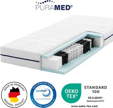 Матрац з пружинним блоком кишенькової форми 90x200 см Рівень жорсткості H3 Висота 20 см Ергономічний 7-зонний матрац Чохол з мікрофібри, який можна прати Сертифіковано Oeko-TEX та CertiPUR Зроблено в Німеччині 90 x 200 см H3