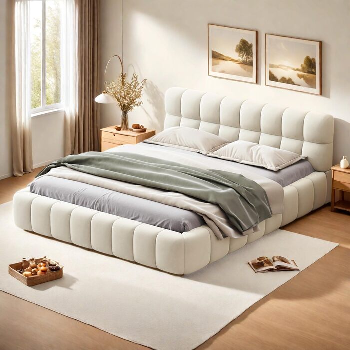 Ліжко з м&39якою оббивкою Bubble 140x200, двоспальне ліжко з м&39якою оббивкою 140x200 бежеве, дитяче ліжко, плоске ліжко для гостей, каркас ліжка з рейковою основою та узголів&39ям, лляне, без матраца (бежевий, 140x200 см) бежевий 140x200 см