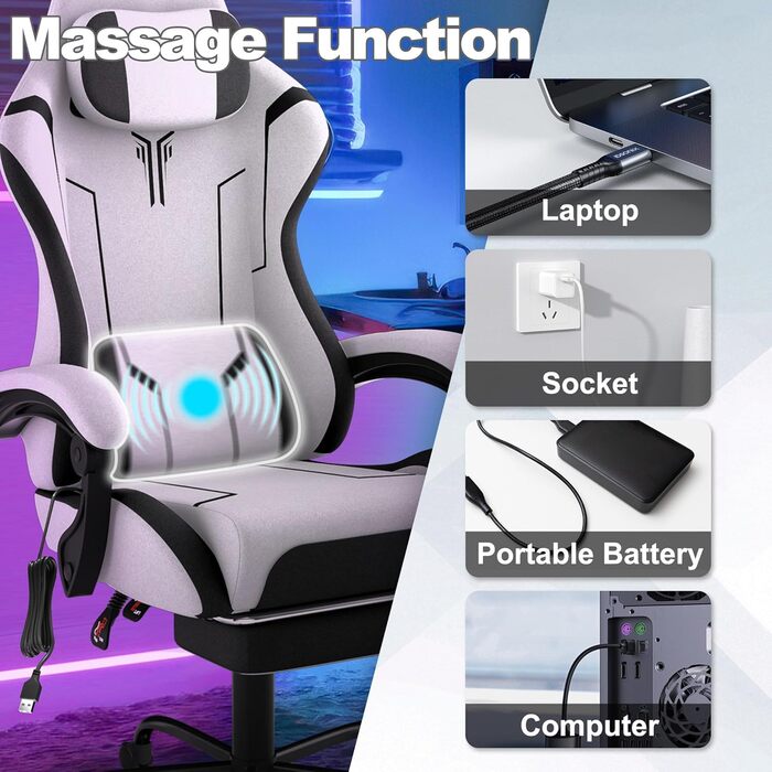 Ергономічне ігрове крісло UISEBRT з масажем та підставкою для ніг, зручне ігрове крісло з регульованою спинкою, підголівником та масажною поперековою подушкою - чорно-біле