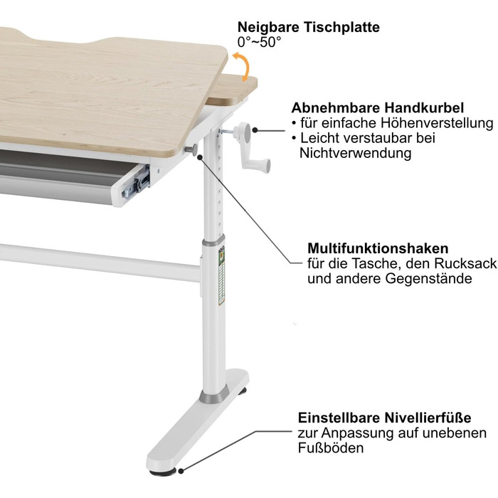 Дитячий стіл з ручним регулюванням висоти, похилою підставкою, регульованою стільницею та підставкою для книг (CELIN та ALVO), стіл під дерево підставка для книг