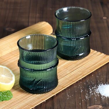 Набір Joeyan з 4 шт. абельованих склянок для пиття бамбукової форми - 260 мл тиснені скляні стакани вінтажні зелені креативні скля