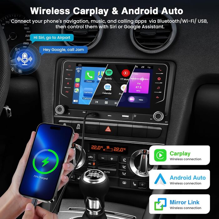 Автомагнітола 464 ГБ для Audi A3 S3 RS3 2003-2012 з бездротовим Carplay та Android Auto, Android 13 7-дюймовий IPS-навігатор з GPS-навігацією, голосовим керуванням SWC, камерою заднього виду, Bluetooth 5.2, Handsfree, WiFi, A3 7 дюймів