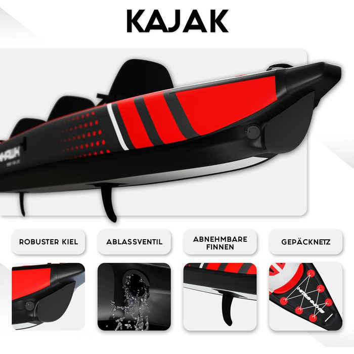 Надувний човен, Каное, Каяк для пригод 490 x 85 см, Сумка для каяка, Насос, Сидіння, Весло зі скловолокна, 490 Red