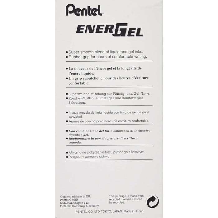 Рідка гелева ручка Pentel EnerGel NV, 0,5 мм, Fine Line Limited, кінчик голки, чорне чорнило, коробка 12 шт. (BLN25-A)