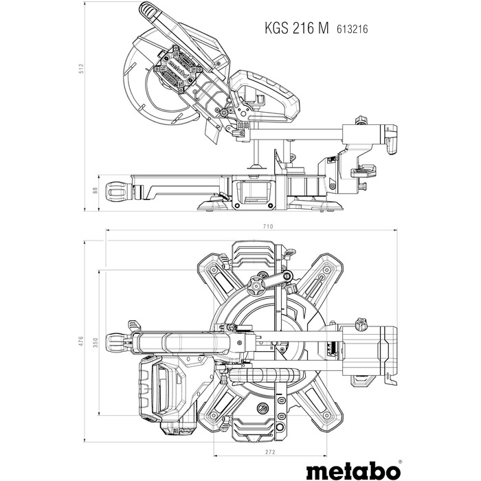 Торцювальна пила Metabo KGS 216 M - 613216000 - з лінією Precision Cut Line, пиляльним диском 216 мм і функцією протягування - довжина кабелю 2 м