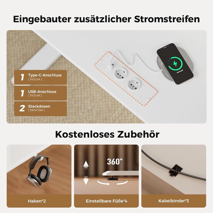 Електрично регульований по висоті стіл 140 x 80 см зі світлодіодною стрічкою, USB-портом та регульованою підставкою для монітора, стіл для роботи стоячи з 4-секційною стільницею, комп&39ютерний стіл, білий 140 x 80 см зі світлодіодним підсвічуванням